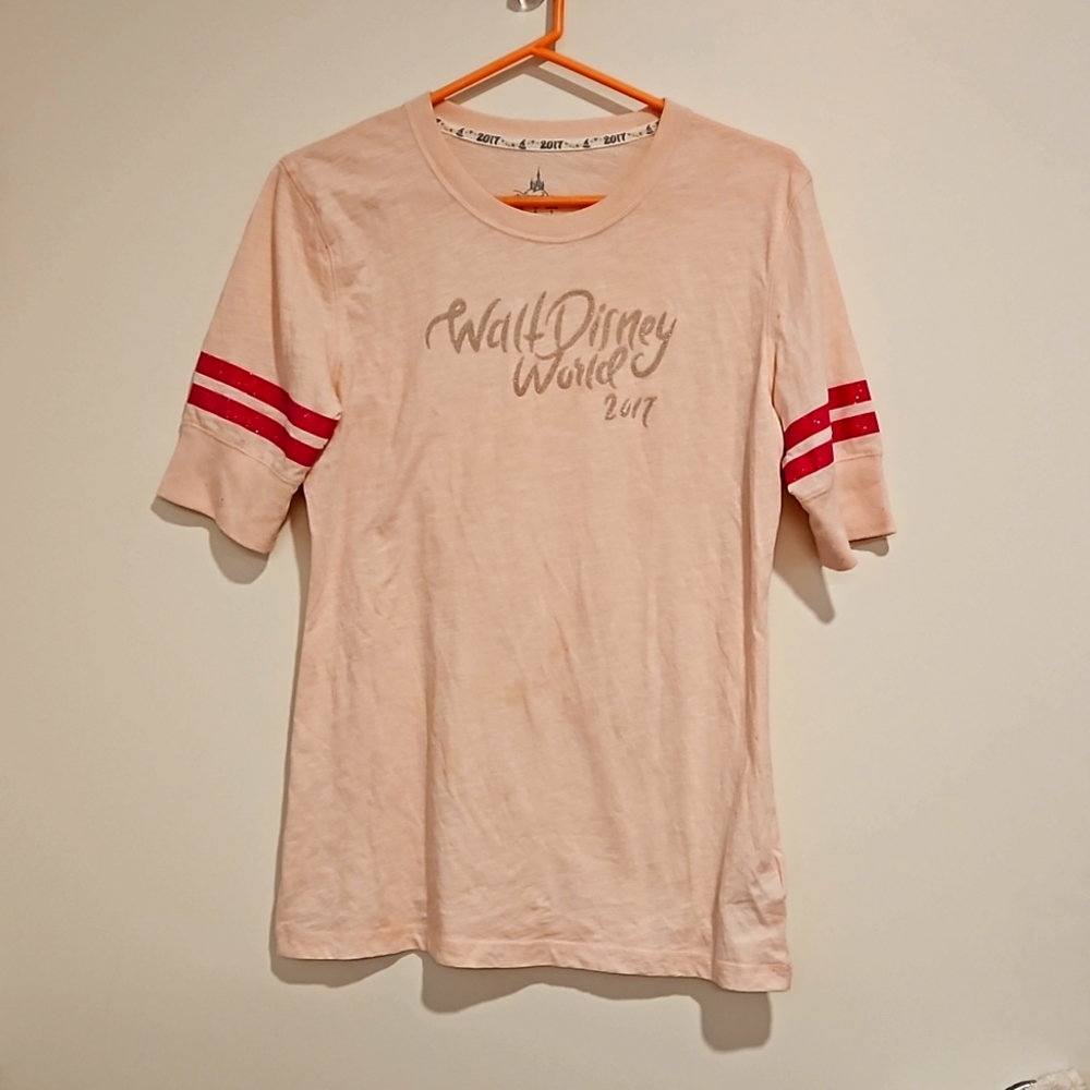 DISNEY PARKS Walt Disney World 2017 Pale pink tee pink silver glitter Medium